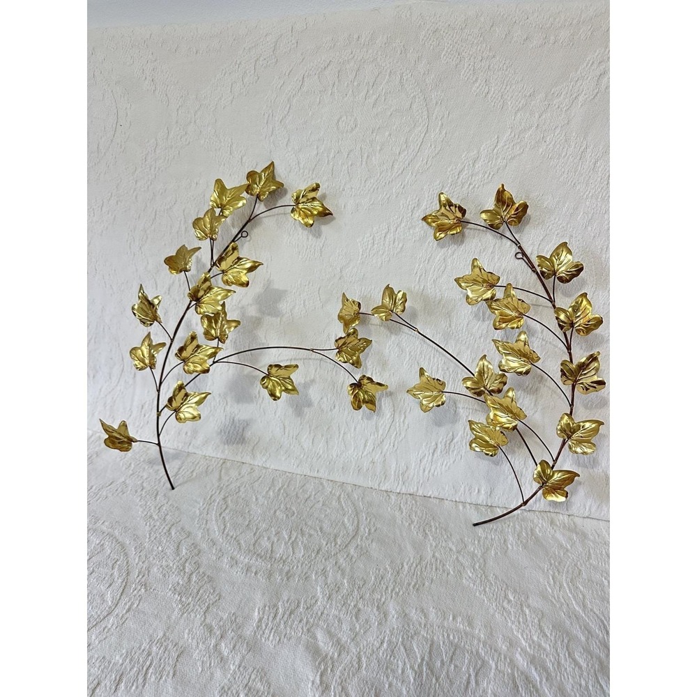 Vintage MCM Home Interiors Brass/Gold Metal Ivy Leaves Wall Hangings, Set of 2
